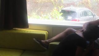 Fiance giving risky fellatio into front of window into a camping