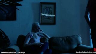 Blindfolded blonde throat screwed