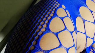 Fun Hispanic into Blue Body Stocking Having Fun with Scarf and Body