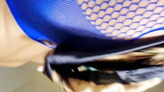 Fun Hispanic into Blue Body Stocking Having Fun with Scarf and Body