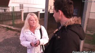 Very older blonde grandmother ride his young penis
