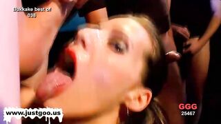 Rounds of bukkake for this dark haired goddess