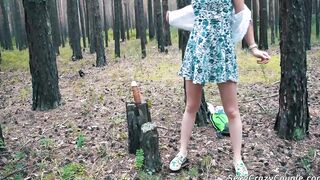 Tiffany walked inside the woods found a toy and boned him