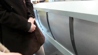 Freaky bimbos pisses inside pants and shows her jugs into