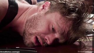 Big Boobed female domination spanks man inside pvc