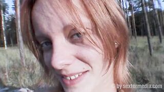 Blonde gets facial insemination inside forest