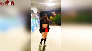 Pee into outside and showing my body on the street