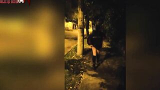 Pee into outside and showing my body on the street