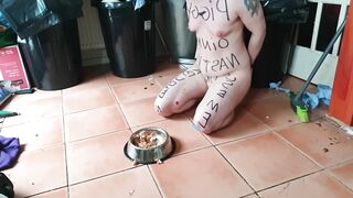 Eating cold stale scraps inside chastity