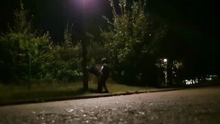 During the evening walk at the outside fuck and sprayed inside