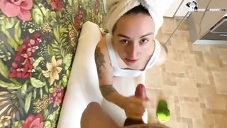 Turned On Bitch With Huge Melons Blows On A New Phone