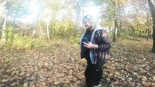 Chubby on forest smoking and play with vibrator with melons