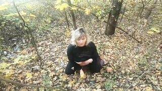 Chubby on forest smoking and play with vibrator with melons
