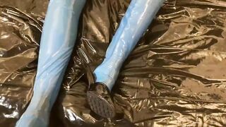 Blue Rubber Tights and High Heel Mules