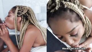 African with blonde dreads milks long white penis