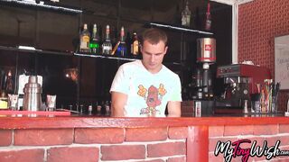 Ebony-haired Bombshell analyzed by handsome barman near counter
