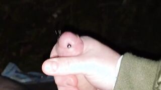 Stroking my pierced penis into the woods + cummed with moan