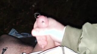 Stroking my pierced penis into the woods + cummed with moan