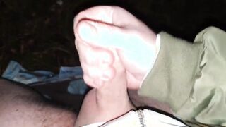 Stroking my pierced penis into the woods + cummed with moan