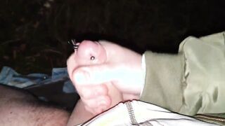 Stroking my pierced penis into the woods + cummed with moan