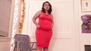 Obese Hispanic stuffing herself inside a tight dress