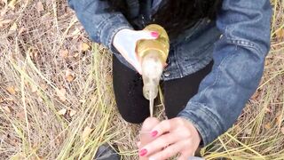 Pee on my mouth and hair inside the autumn forest.