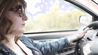 Squirting inside vehicle. Beauty MILF Cougar stops vehicle on side