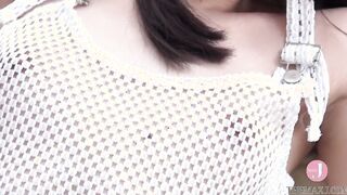 Mesh, bare booty denim leggings, bitch hides nipples with finger bang