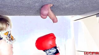 Blonde slides on boxing gloves and makes a chop of