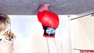 Blonde slides on boxing gloves and makes a chop of
