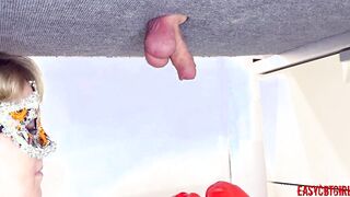 Blonde slides on boxing gloves and makes a chop of