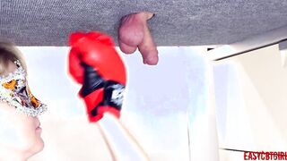 Blonde slides on boxing gloves and makes a chop of