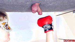 Blonde slides on boxing gloves and makes a chop of