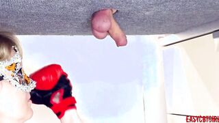 Blonde slides on boxing gloves and makes a chop of