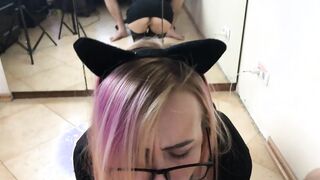 pov - fellatio from school girl with glasses, cum on face