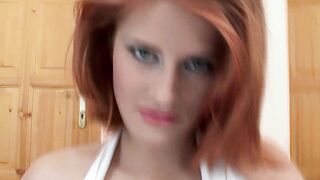 Adorable ginger Rosses swallows the cum from 4 men