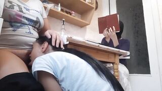 While my lover is reading a book, roommate licks twat