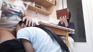 While my lover is reading a book, roommate licks twat