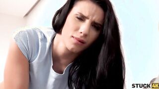 STUCK4K. Bombshell Romanian dark haired Nelly Kent is stuck and penetrated