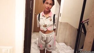 Silly Follege Cheerleader First Time asking for "Trick or Treat".