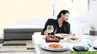 Teenagers while her MILF is gone goes under table to