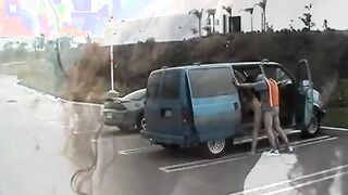Lucky old guy fucks Goddess hispanic inside open van inside parking lot