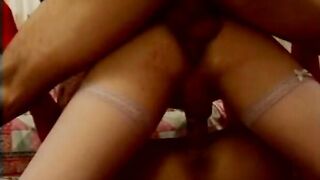 Adorable dark haired transexual gags on a thick dick after being pounded