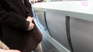 Turned On cunt with mouth pisses inside pants and shows her jugs into