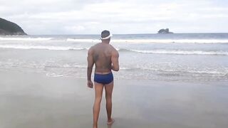 Flexible boy eats married blonde on the beach