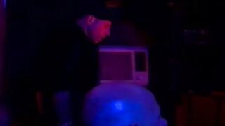 Sexual dirty blonde caresses shaved guy's butt with long strap