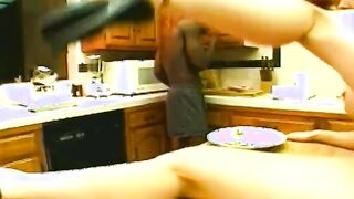 Yummy blonde gets african penetration on counter top