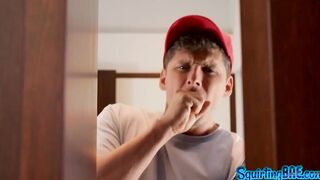 Squirting blonde mom blowing penis during buttfucking duo