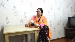 Bondage with food from chubby MILF with huge titties and