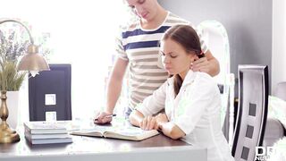 Turned On Russian eighteen Carre bends over her desk to got